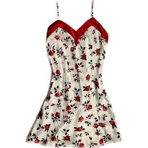 Vintage red and white rose satin slip dress